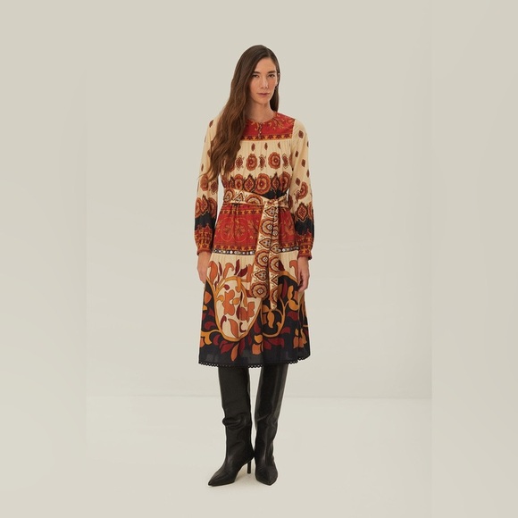 Farm Rio Ainika Cream Bohemian Tiles Midi Dress Size XS - Picture 1 of 9